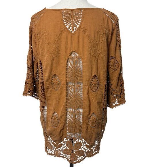 Boho Chic Crochet Lace Open Weave Burnt Orange Brown Large Top Cottage Lagenlook - Picture 5 of 7